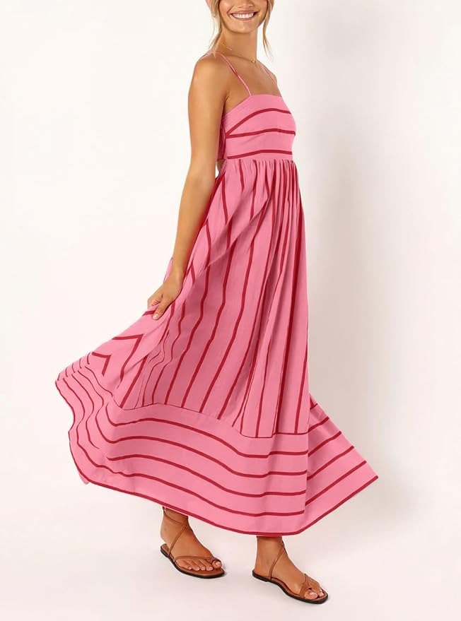 Women's striped backless pleated halter-neck cutout flowy A-line maxi dress