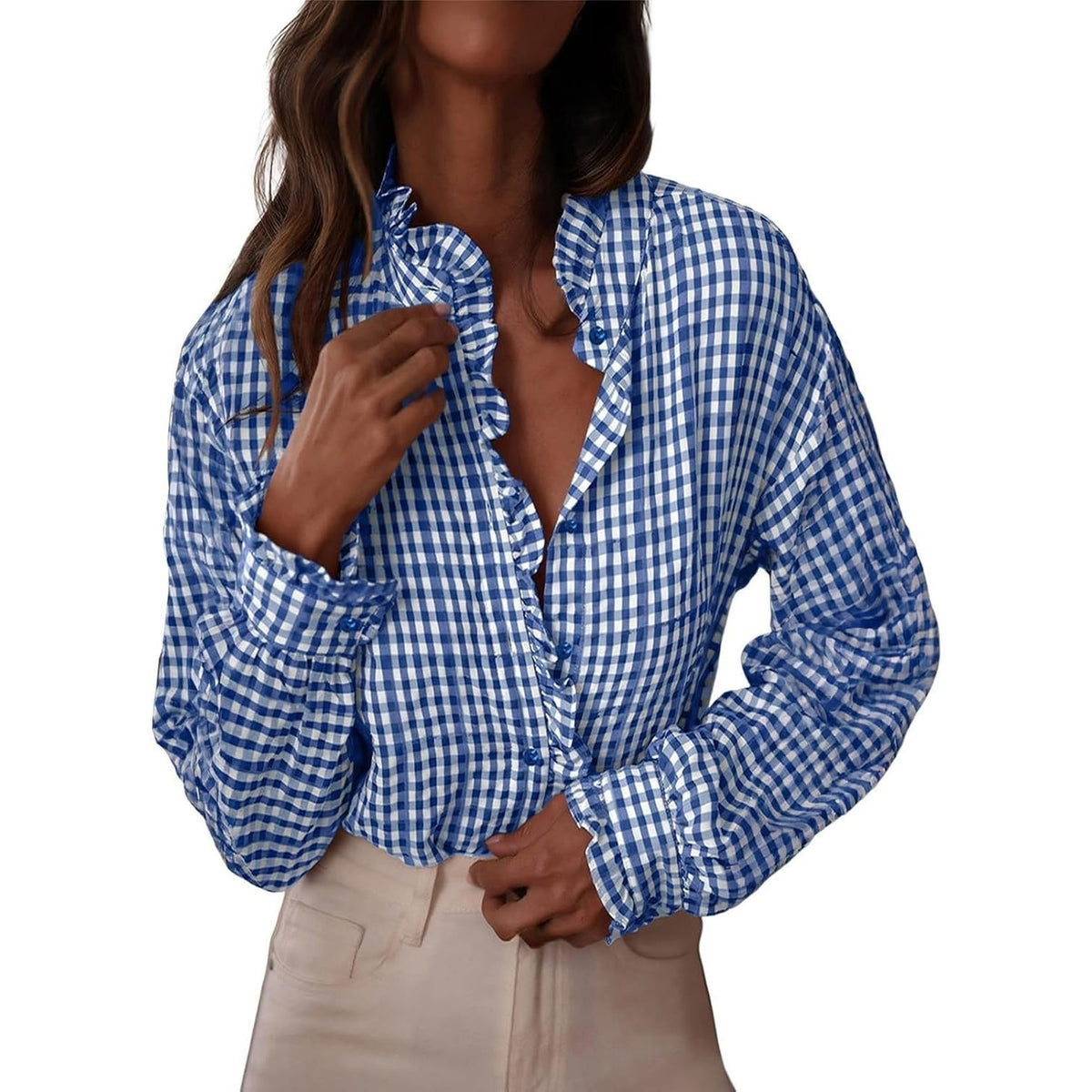 Women's Button Up Gingham Shirts Ruffle Collar Long Sleeve Plaid  Tops