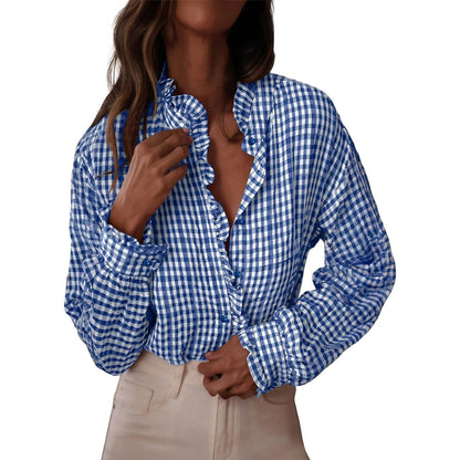 Women's Button Up Gingham Shirts Ruffle Collar Long Sleeve Plaid  Tops