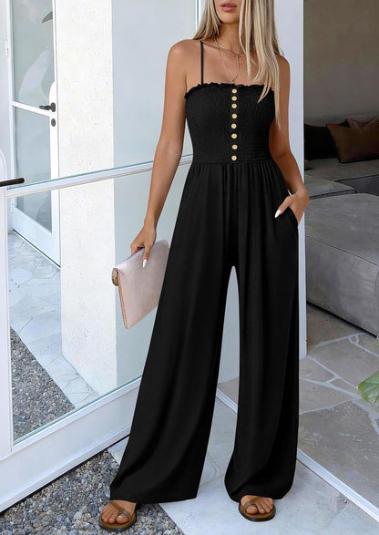 Women's Smocked Spaghetti Strap Wide-Leg Jumpsuit with Pockets
