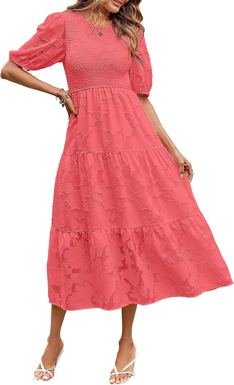 ✨Women's Puff Sleeve Floral Dress Flowy Tiered Midi Dresses