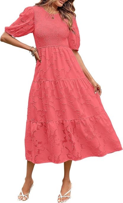 ✨Women's Puff Sleeve Floral Dress Flowy Tiered Midi Dresses