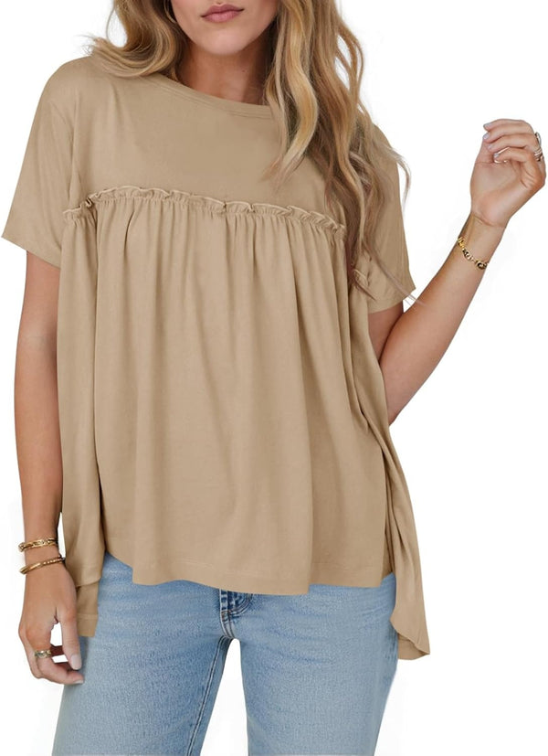 Women Summer Babydoll Tops Pleated Short Sleeve Peplum Blouse Casual Loose Fit T Shirts