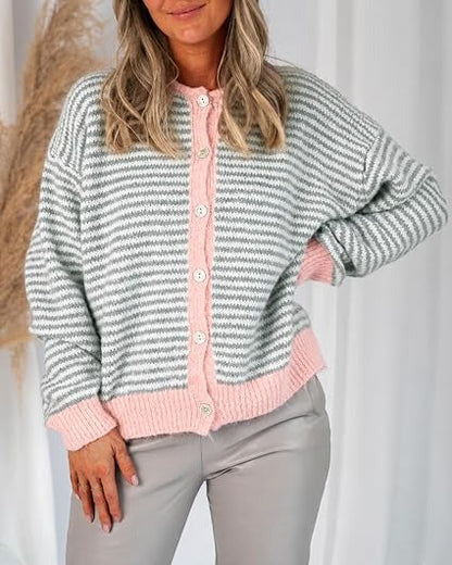 Women's Color-Block Striped Button-Front Knit Cardigan