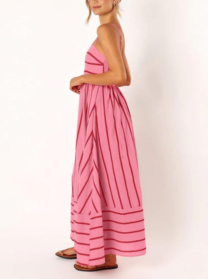 Women's striped backless pleated halter-neck cutout flowy A-line maxi dress