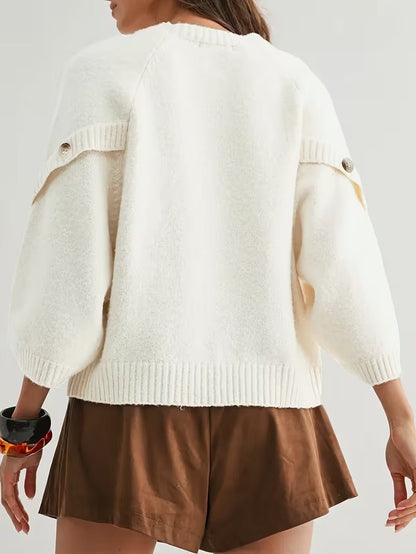 Women's Button Decor Batwing Sleeve Knit Sweater Crew Neck Loose Pullover Top