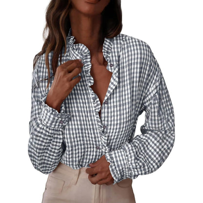 Women's Button Up Gingham Shirts Ruffle Collar Long Sleeve Plaid  Tops