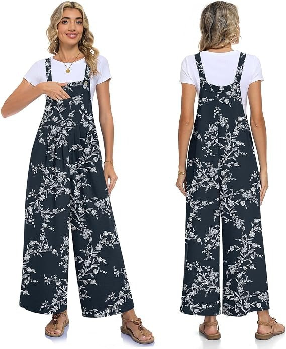 Womens Casual Jumpsuits Wide Leg Overalls Adjustable Strap Rompers with Pockets