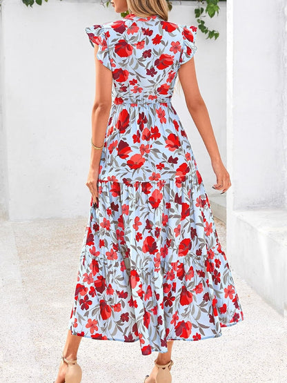 ⏰Hot Sale-Women's Boho Print V Neck Ruffle Maxi Dress