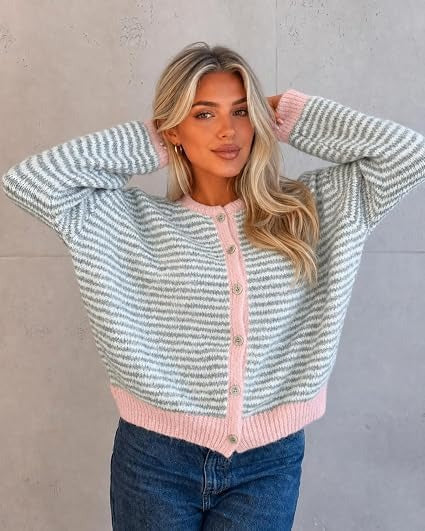 Women's Color-Block Striped Button-Front Knit Cardigan