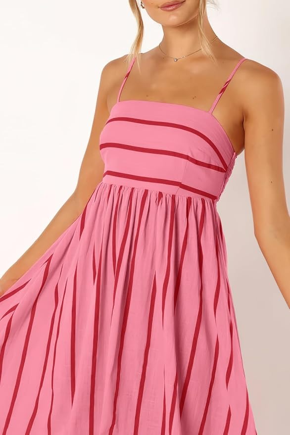 Women's striped backless pleated halter-neck cutout flowy A-line maxi dress