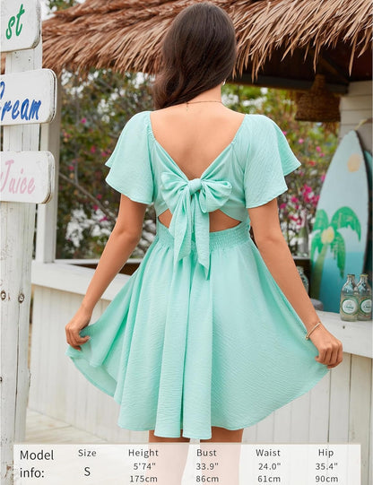 Women's Sweetheart Knot Front Dress Flutter Sleeve