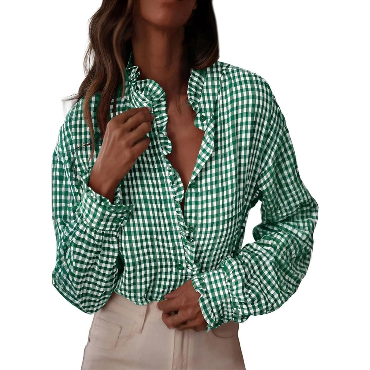 Women's Button Up Gingham Shirts Ruffle Collar Long Sleeve Plaid  Tops