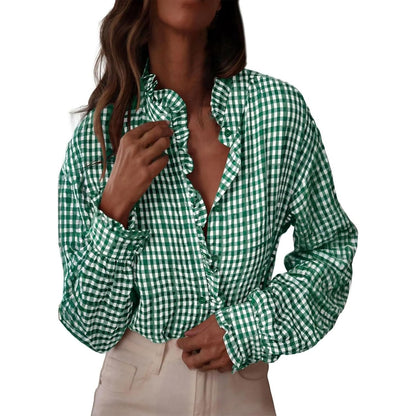 Women's Button Up Gingham Shirts Ruffle Collar Long Sleeve Plaid  Tops