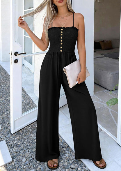 Women's Smocked Spaghetti Strap Wide-Leg Jumpsuit with Pockets