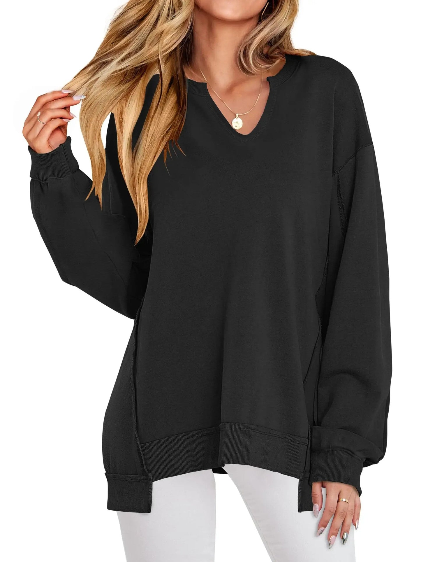 Women's Oversized V‑Neck Split‑Hem Sweatshirt