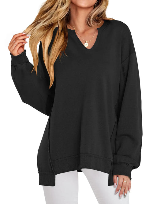 Women's Oversized V‑Neck Split‑Hem Sweatshirt