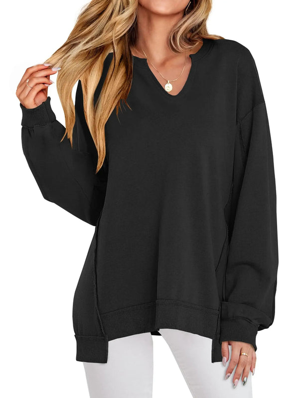 Women's Oversized V‑Neck Split‑Hem Sweatshirt