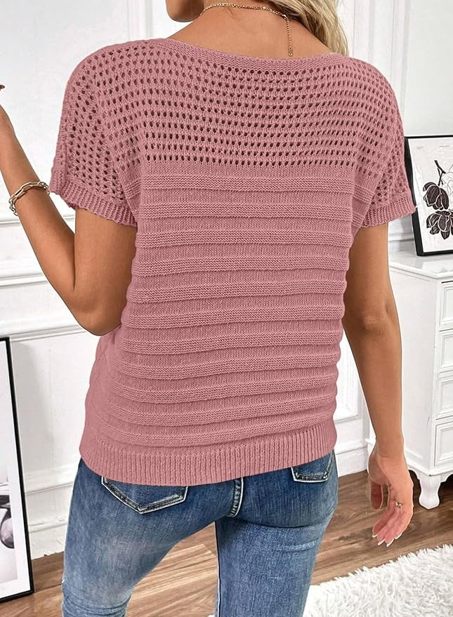 ⏰Hot Sale-Womens Crew Neck Short Sleeve Shirts Knit Hollow Out Tops