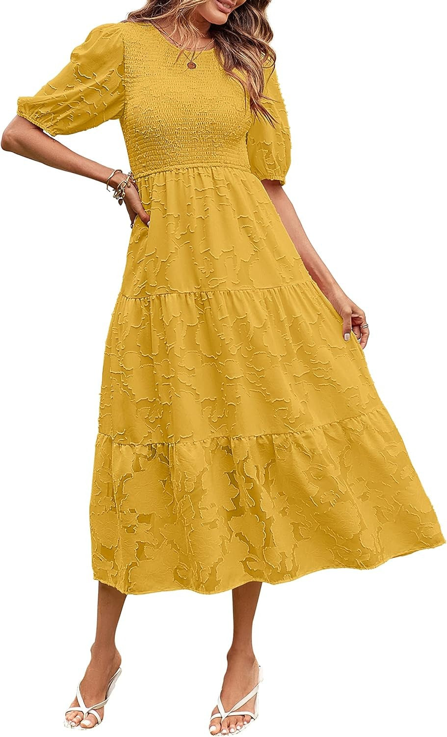 ✨Women's Puff Sleeve Floral Dress Flowy Tiered Midi Dresses