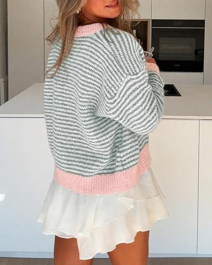 Women's Color-Block Striped Button-Front Knit Cardigan