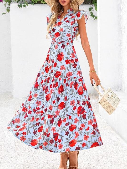 ⏰Hot Sale-Women's Boho Print V Neck Ruffle Maxi Dress