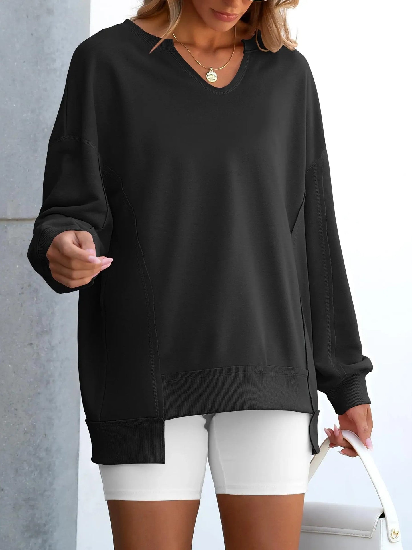 Women's Oversized V‑Neck Split‑Hem Sweatshirt