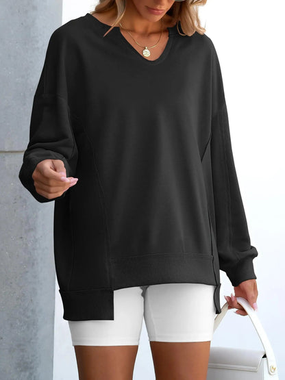 Women's Oversized V‑Neck Split‑Hem Sweatshirt