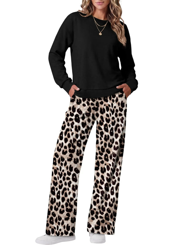 ⏰Hot Sale-Women's Two-Piece Loungewear Set with Crew Neck Top & Printed Pants