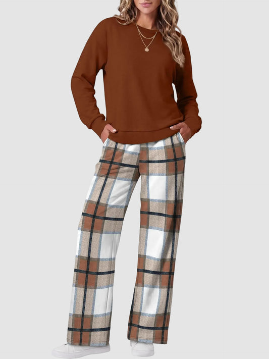 🎀Women Two Piece Outfit Crew Neck Top And Wide Leg Pants Set