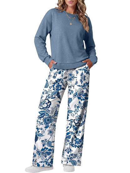 Women's Two-Piece Loungewear Set with Crew Neck Top & Printed Pants