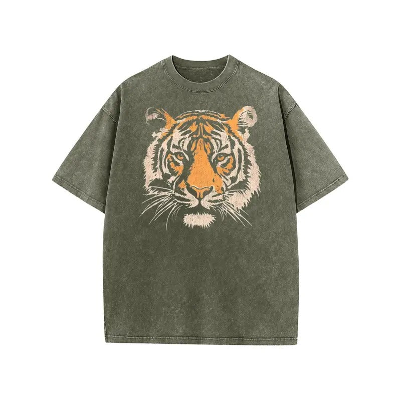 Women's Vintage Tiger Graphic Short Sleeves Loose-Fit Acid Washed Tshirt