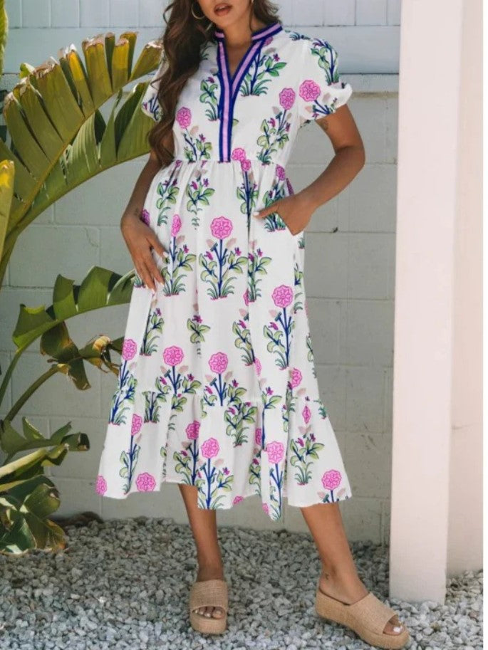 Women's Summer Floral V-Neck Ruffle Hem Midi Dress