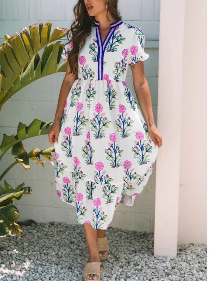 Women's Summer Floral V-Neck Ruffle Hem Midi Dress