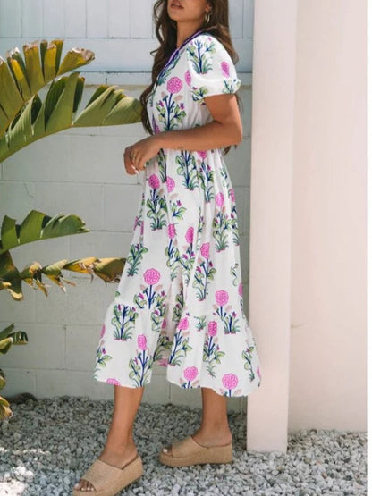 Women's Summer Floral V-Neck Ruffle Hem Midi Dress