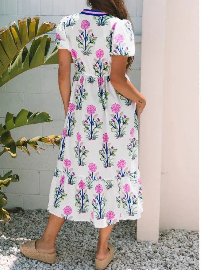 Women's Summer Floral V-Neck Ruffle Hem Midi Dress