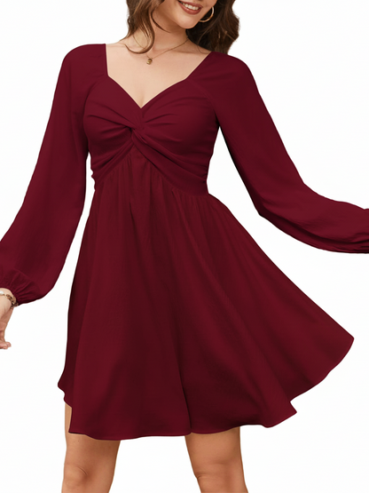 Women's Fall Sweetheart Neck Twist Front Long Sleeve Dress