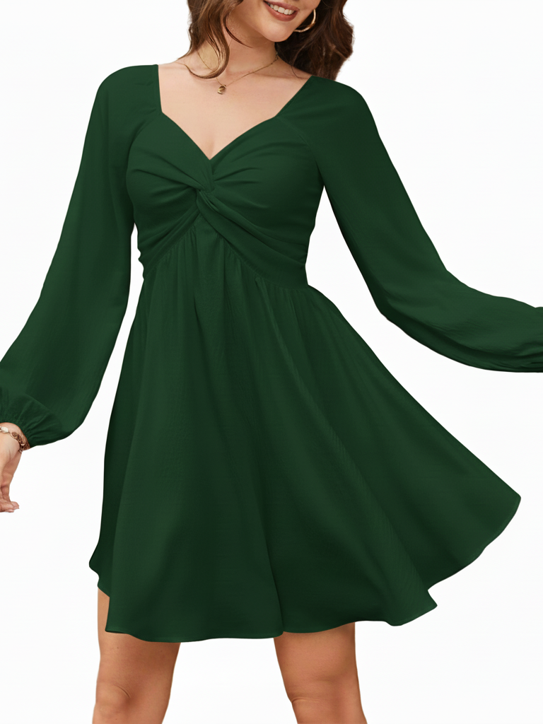Women's Fall Sweetheart Neck Twist Front Long Sleeve Dress