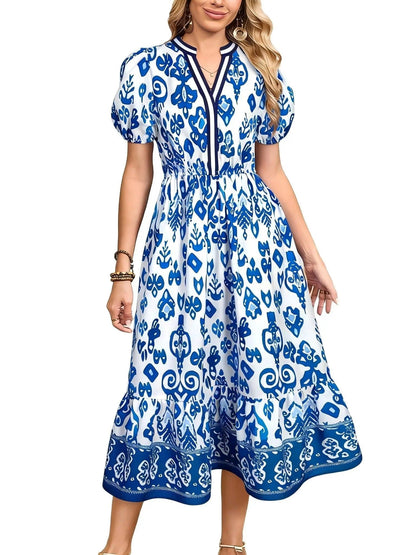 Women's Summer Floral V-Neck Ruffle Hem Midi Dress