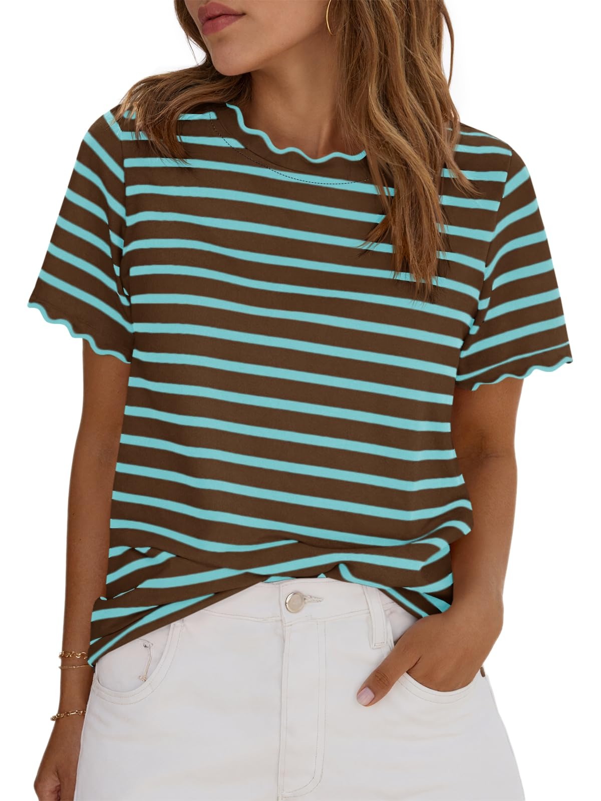 ⏰Hot Sale-Women's Scalloped Crew Neck Striped T-Shirt