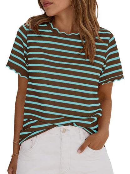 ⏰Hot Sale-Women's Scalloped Crew Neck Striped T-Shirt