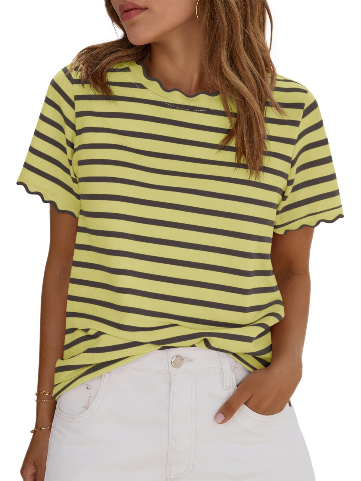 ⏰Hot Sale-Women's Scalloped Crew Neck Striped T-Shirt