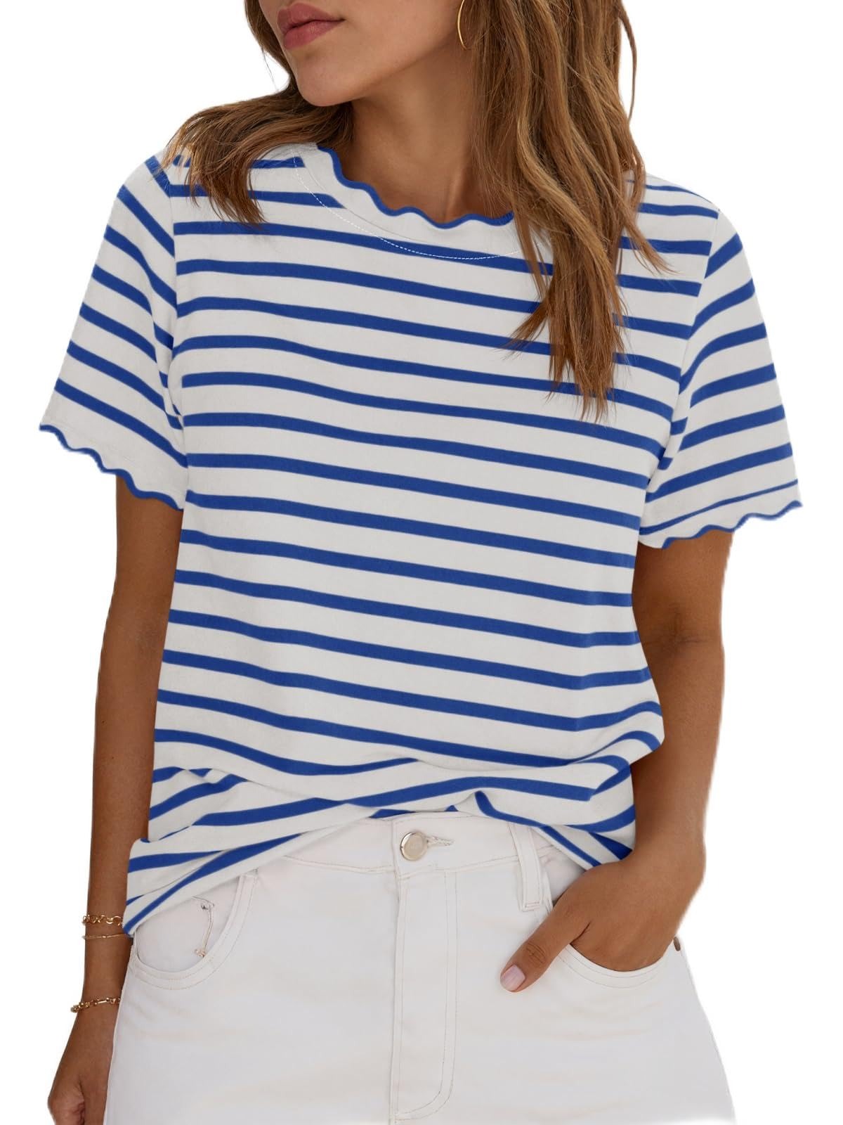 ⏰Hot Sale-Women's Scalloped Crew Neck Striped T-Shirt