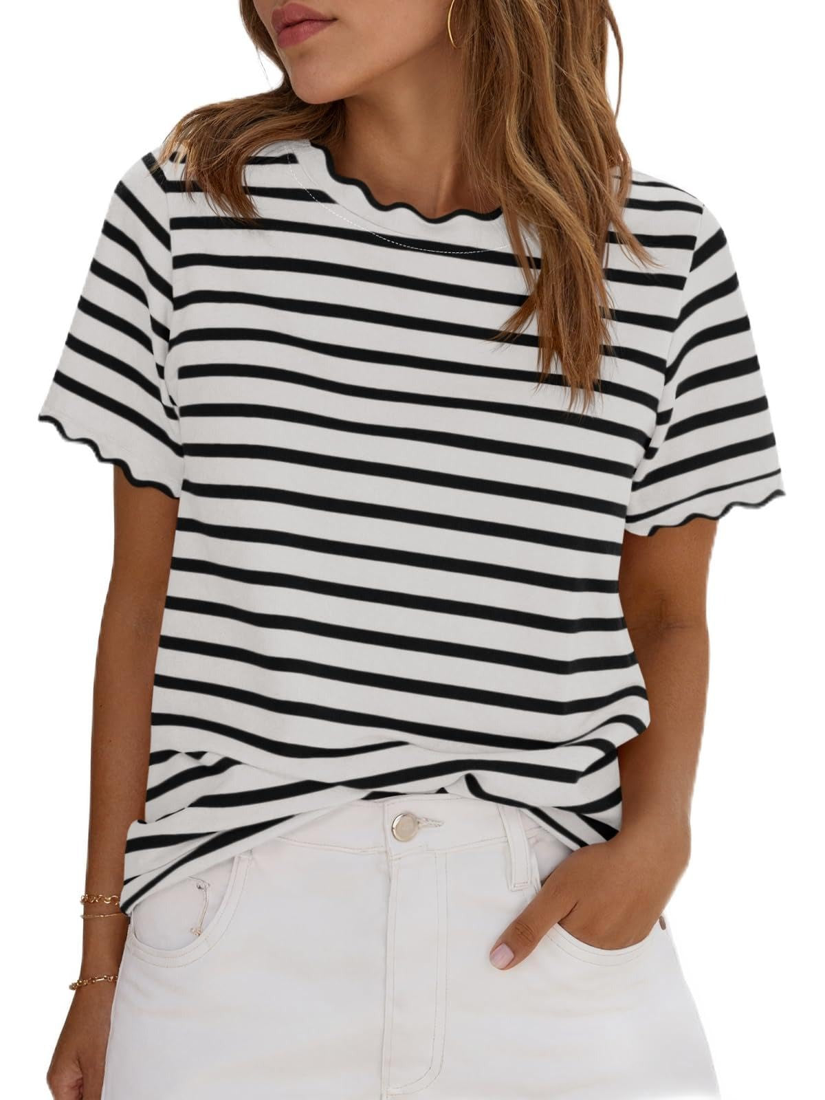 ⏰Hot Sale-Women's Scalloped Crew Neck Striped T-Shirt