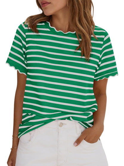 ⏰Hot Sale-Women's Scalloped Crew Neck Striped T-Shirt