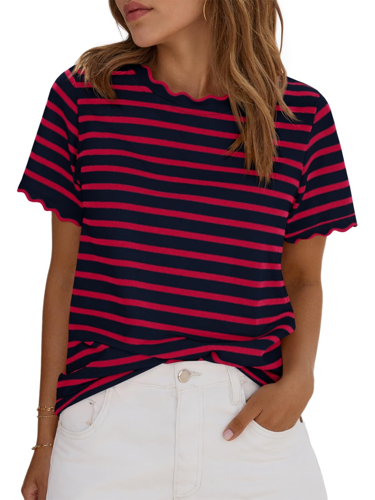 ⏰Hot Sale-Women's Scalloped Crew Neck Striped T-Shirt