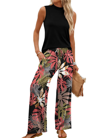 Women's Mock Neck Tank & Printed Wide Leg Pants Set