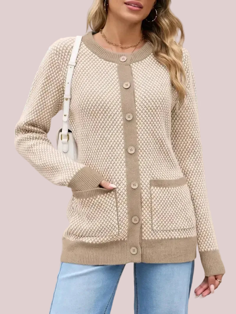 Women's Houndstooth Cardigan Sweaters with Front Patch Pockets
