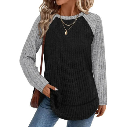 Women  Ribbed Knit Raglan Long Sleeve Top Curved Hem Loose Blouse