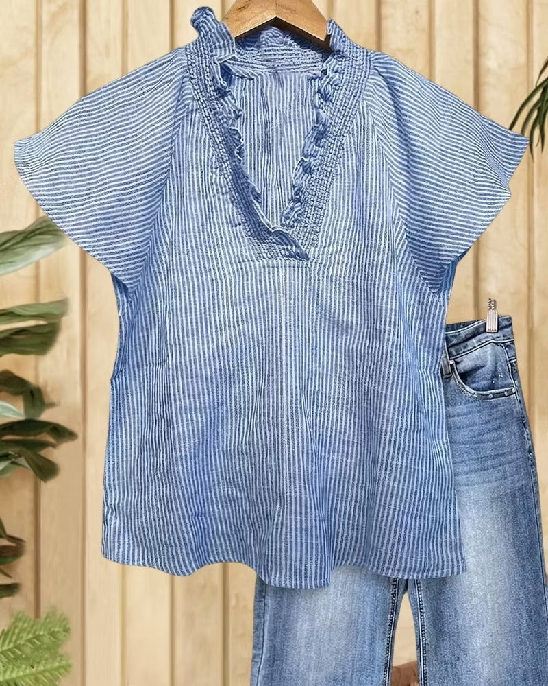Vertical Striped Ruffle V-Neck Flutter Sleeve Blouse